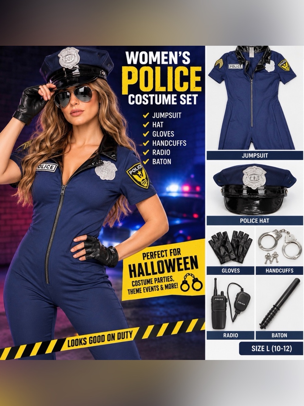 Women’s Police Officer Halloween Costume Size L Navy Jumpsuit Hat Accessories